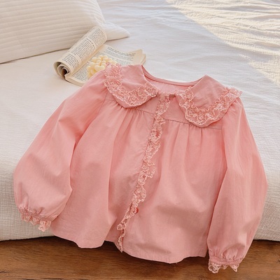 新款纯棉女童衬衣衬衫蕾丝百搭长袖娃娃领娃娃衫宝宝春秋洋气打底
