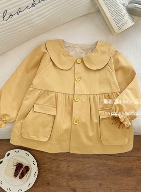 女童春秋新款纯棉外套黄色娃娃领衬衣外套女宝宝新潮洋气百搭外套