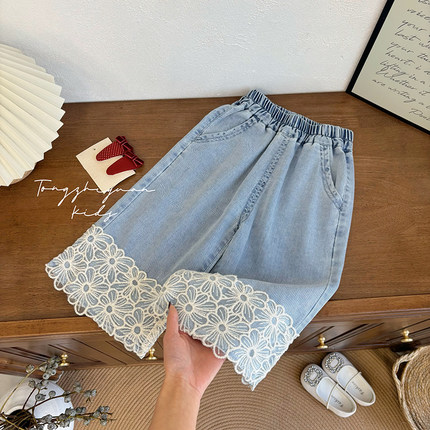 女童新款夏季蕾丝花朵七分直筒牛仔裤新款女宝宝时尚童装牛仔裤潮