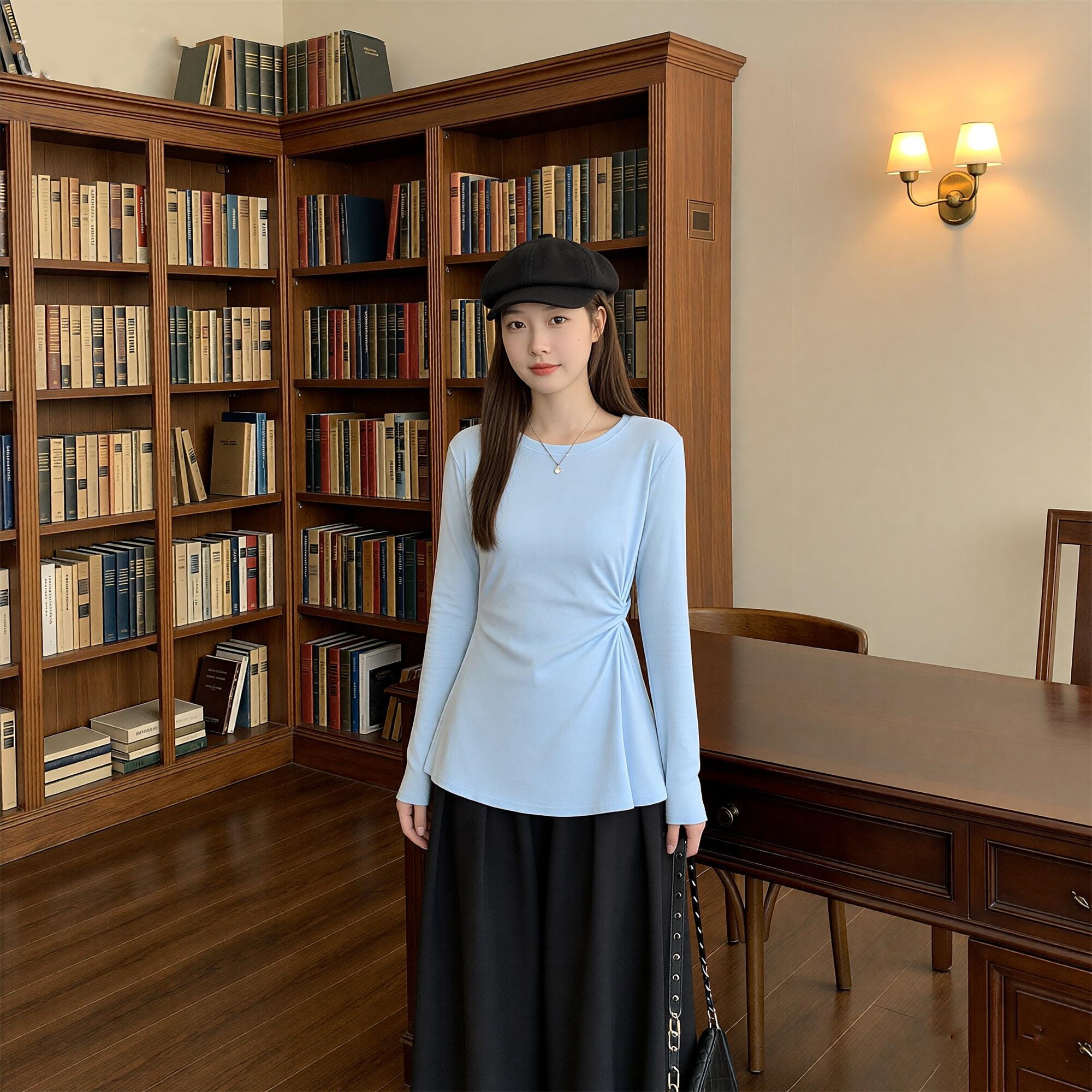 纯欲风不规则正肩长袖T恤女秋季胖MM大码褶皱收腰遮肚子显瘦上衣