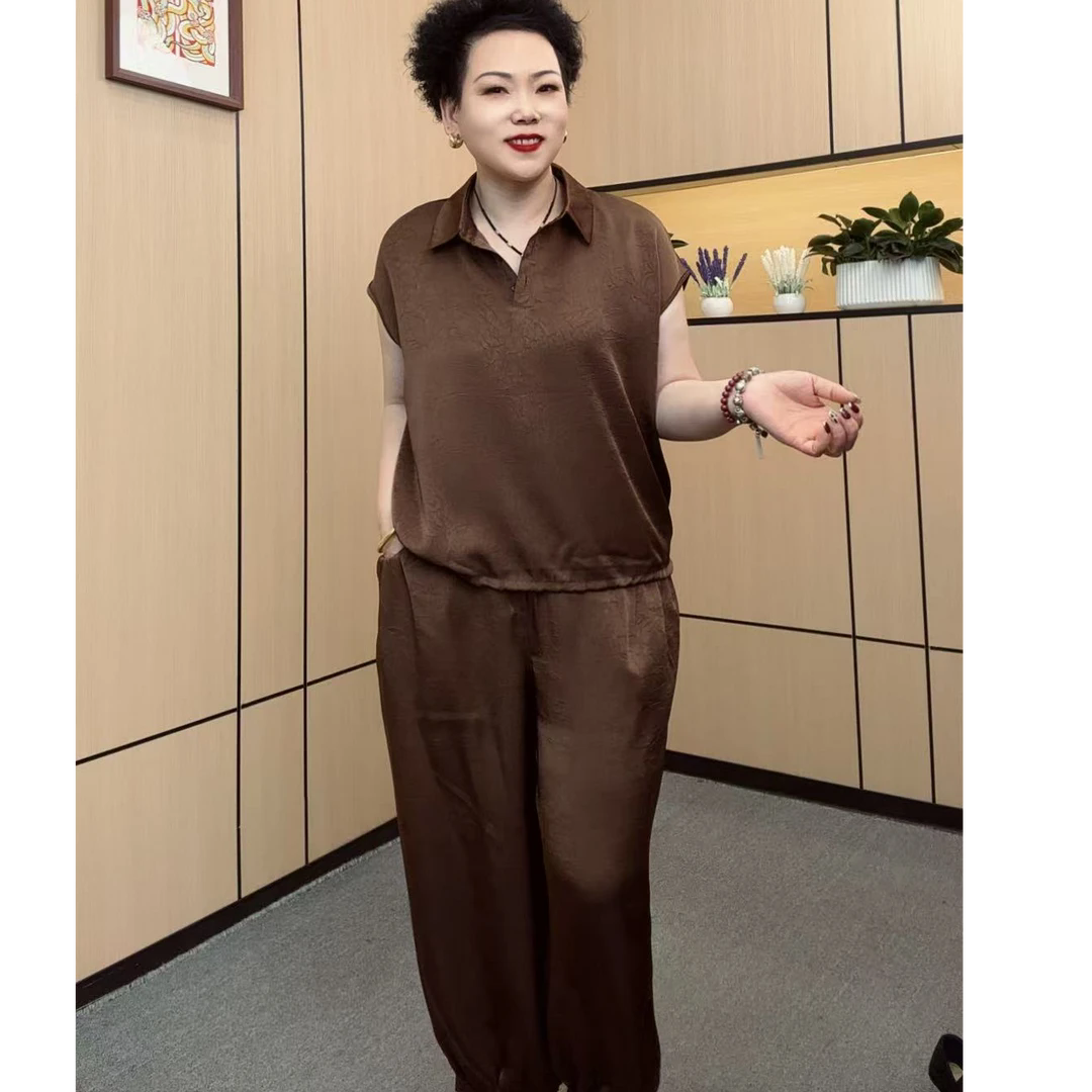2025夏季款休闲宽松大码女翻领纯色小飞袖T恤上衣裤子两件套套装