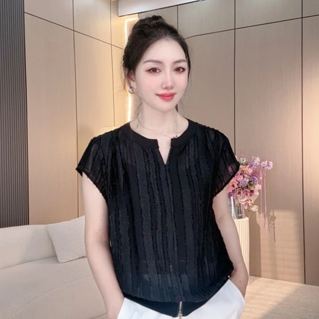 2025夏季新款简约时尚宽松显瘦休闲V领印花圆点小飞袖T恤女士上衣