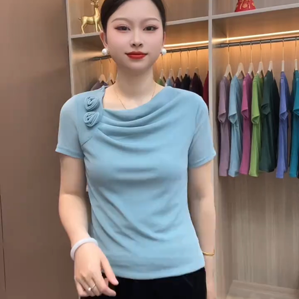 2025夏新款堆堆领花朵短袖网纱打底衫女气质纯色修身显瘦百搭上衣