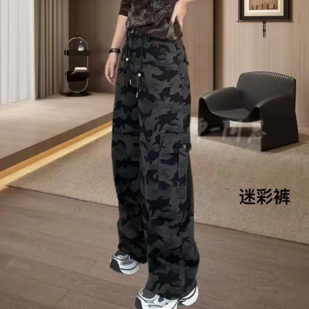 迷彩软弯刀工装休闲裤女2025秋季新品时尚潮流显瘦酷飒抽绳阔腿裤