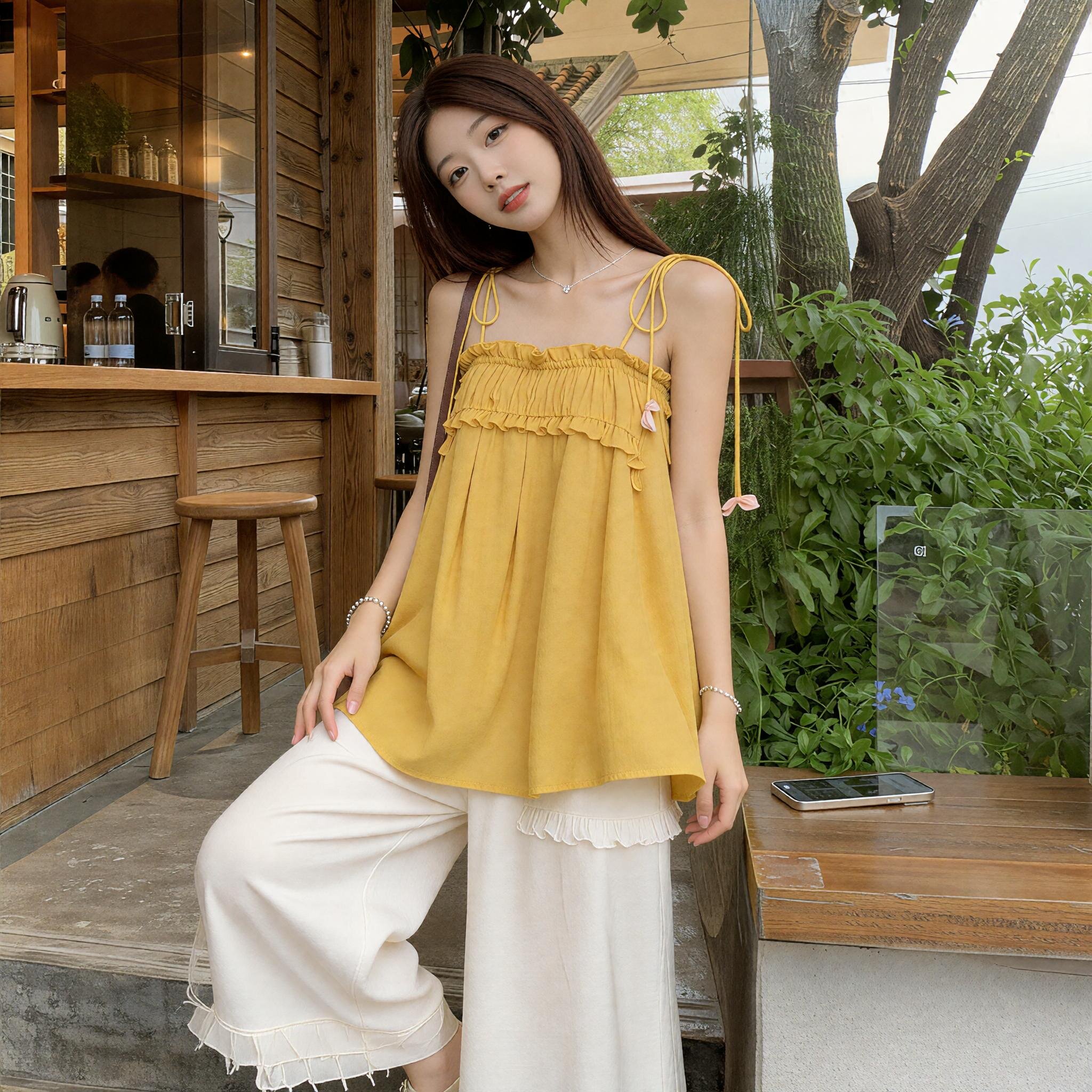 韩系花朵吊带压褶背心女2026夏季新款纯欲风减龄宽松系带外穿上衣