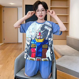 儿童冰丝睡衣卡通变形金刚夏天短袖薄款男大童宝宝空调家居服套装