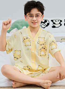 儿童睡衣夏天短袖和服云朵棉套装