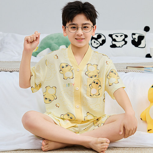 儿童睡衣夏天短袖和服云朵棉套装