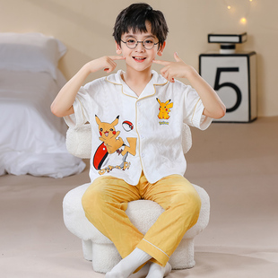 男童睡衣卡通比卡丘春秋季高端提花纯棉短袖长裤家居服套装青少年