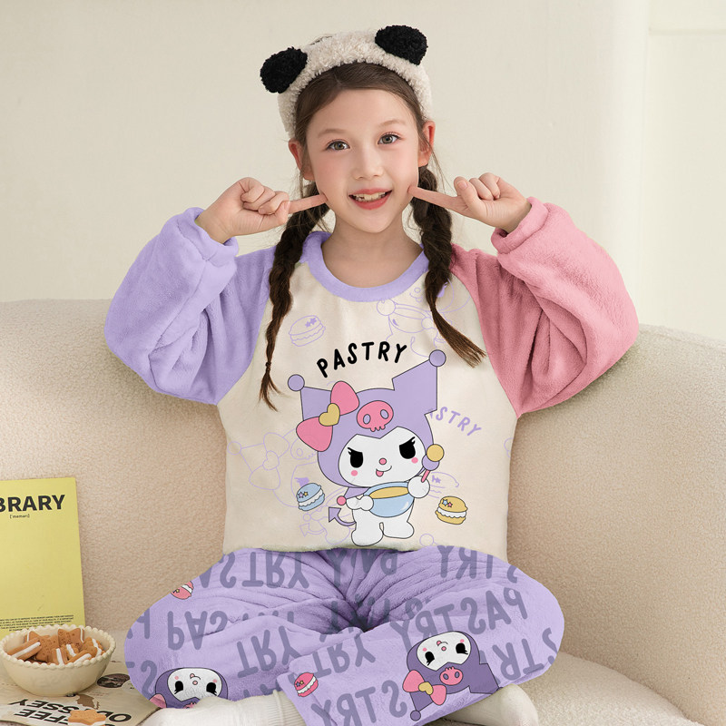 女童睡衣库洛米2026冬季保暖毛绒母女装宝宝珊瑚绒空调家居服套装