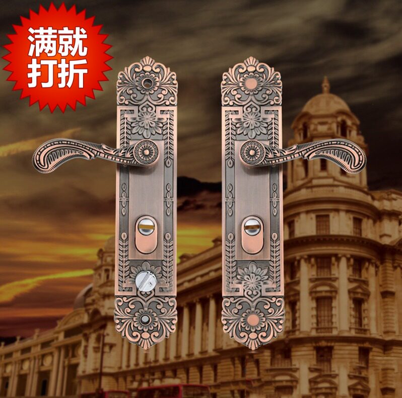 铝合金防盗门锁红古铜色大门锁面板把手双门把手面板青古铜拉手