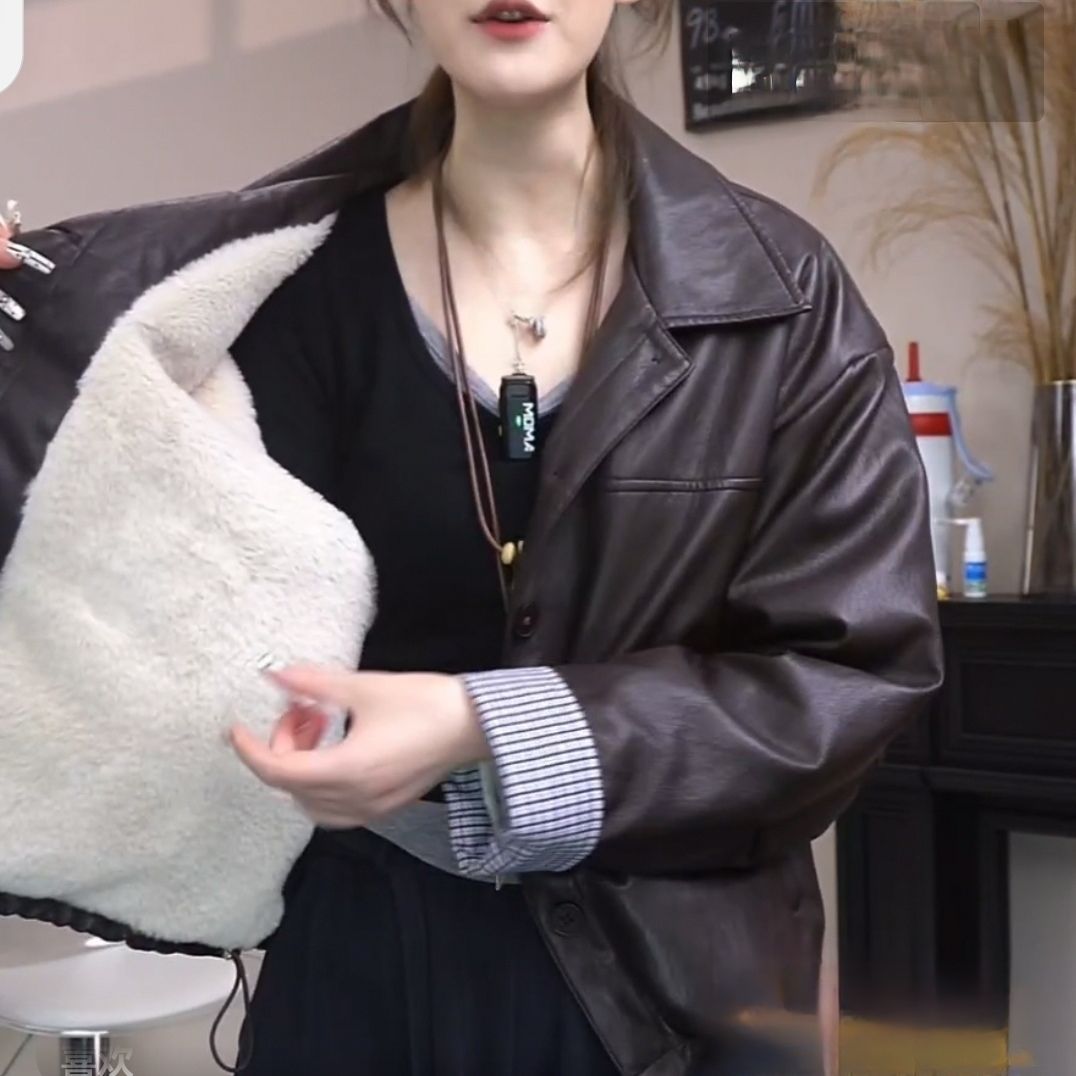 加绒加厚格子拼接皮衣外