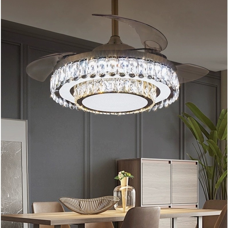 水晶风扇灯餐厅客厅隐形吊扇灯卧风力静音52寸风扇吊灯带灯扇室大