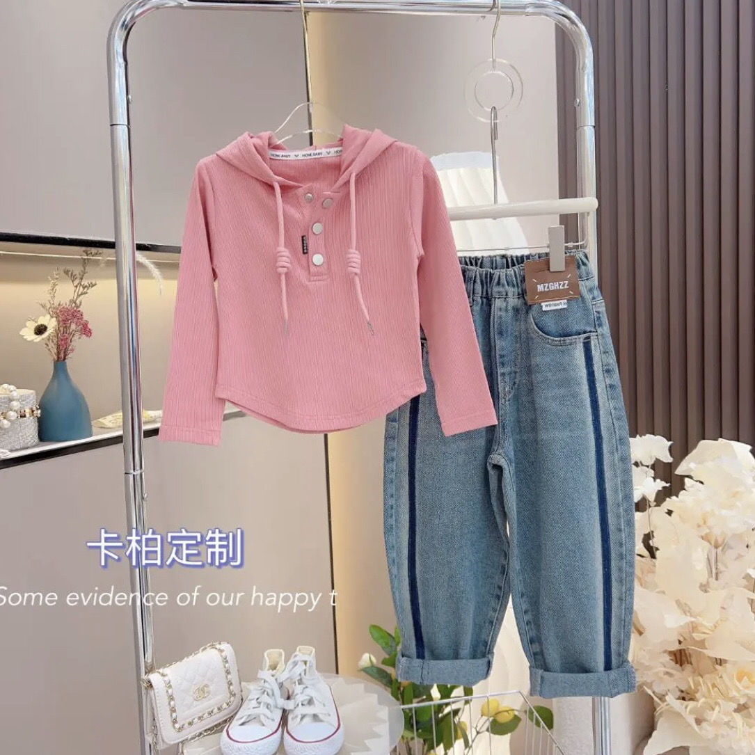女童薄款春秋套装2023新款小孩衣服连帽卫衣儿童打底衫女孩中大童