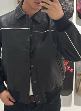 牛货返场联名风格24ss新款拼接撞色立领拉链皮衣夹克外套