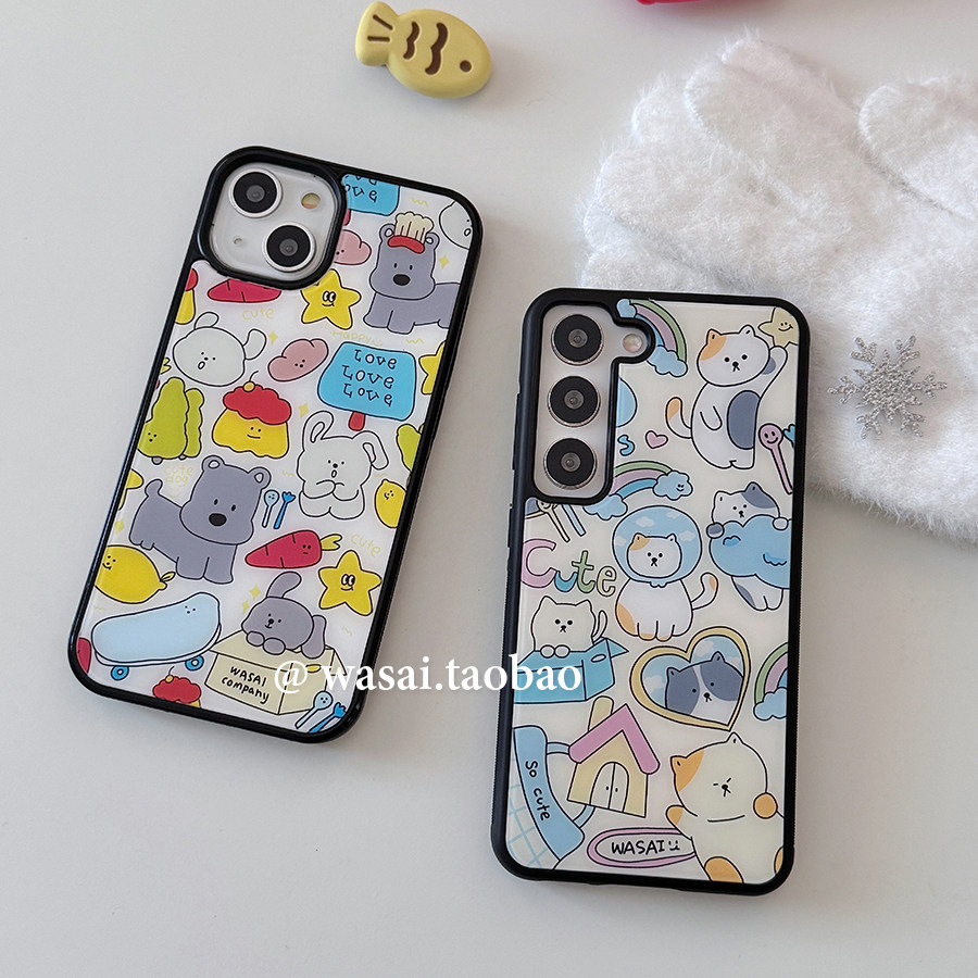 WASAI哇噻 韩国ins小众设计可爱猫咪狗狗插画适用三星s26ultra手机壳s24黑边防摔硅胶软壳s25ultra新款s23+女