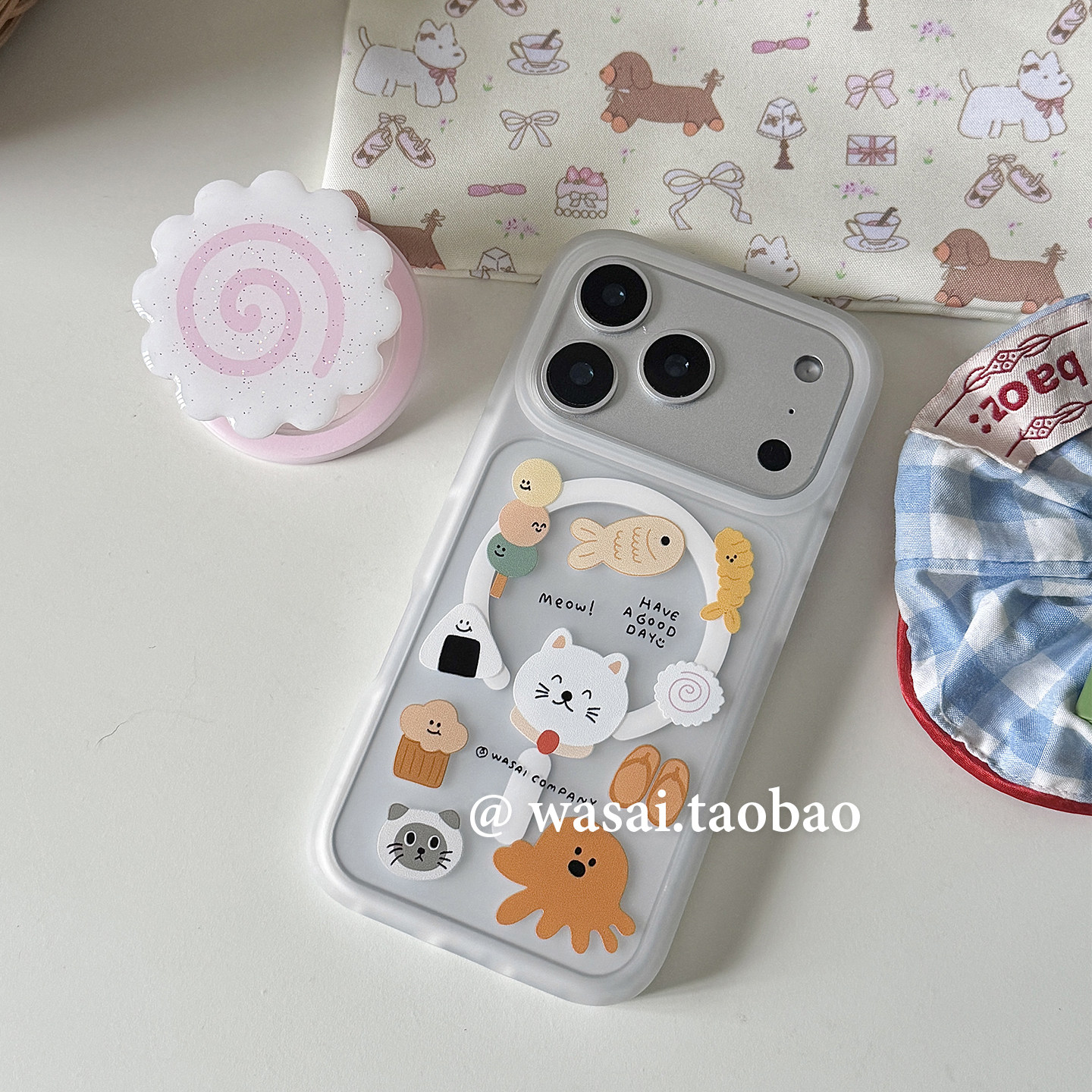 WASAI哇噻 韩国ins小众设计可爱鱼板日式插画半透磨砂磁吸支架适用iphone17pro苹果16手机壳15promax新款防摔
