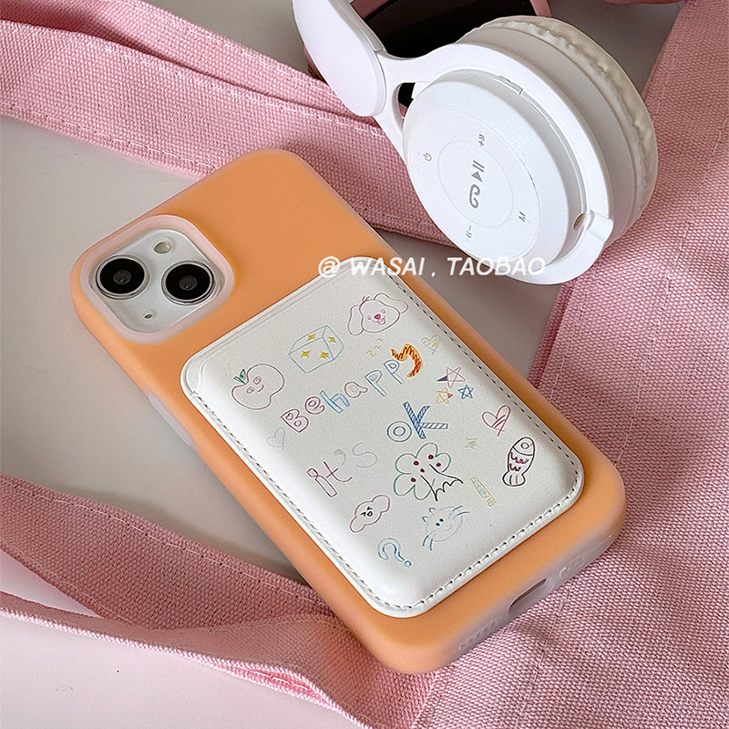 WASAI哇噻 韩国ins小众设计童趣插画磁吸卡包皮革适用iphone16苹果14手机壳果冻液态硅胶15promax透明13/12女