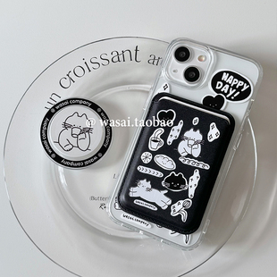 WASAI哇噻 韩国ins小众可爱猫咪涂鸦插画磁吸支架卡包适用iphone17苹果16手机壳15promax新款透明亚克力13/14