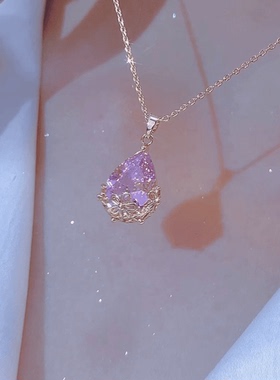 水晶钛钢锁骨链女粉色水滴不掉色