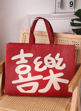 迎新年喜庆红色覆膜无纺布环保潮流加厚服装袋购物袋手提袋子定制