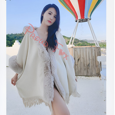 proudfox她秘户外走光方便秋冬新款加绒磁扣斗篷连帽毛呢大衣外套