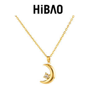 HIBAO喜小宝气质镶钻月亮吊坠项链女高级小众18k金锁骨链钛钢颈链