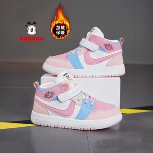 女童高帮棉鞋 二棉加绒运动鞋 皮面防水大童 子2025冬季 巴布豆男童鞋