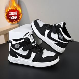 女童高帮棉鞋 二棉加绒运动鞋 皮面防水大童 子2025冬季 巴布豆男童鞋