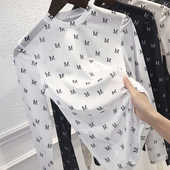 薄款 冰丝T恤紧身内搭透明薄纱印花网纱打底衫 防晒罩衫 上衣女长袖