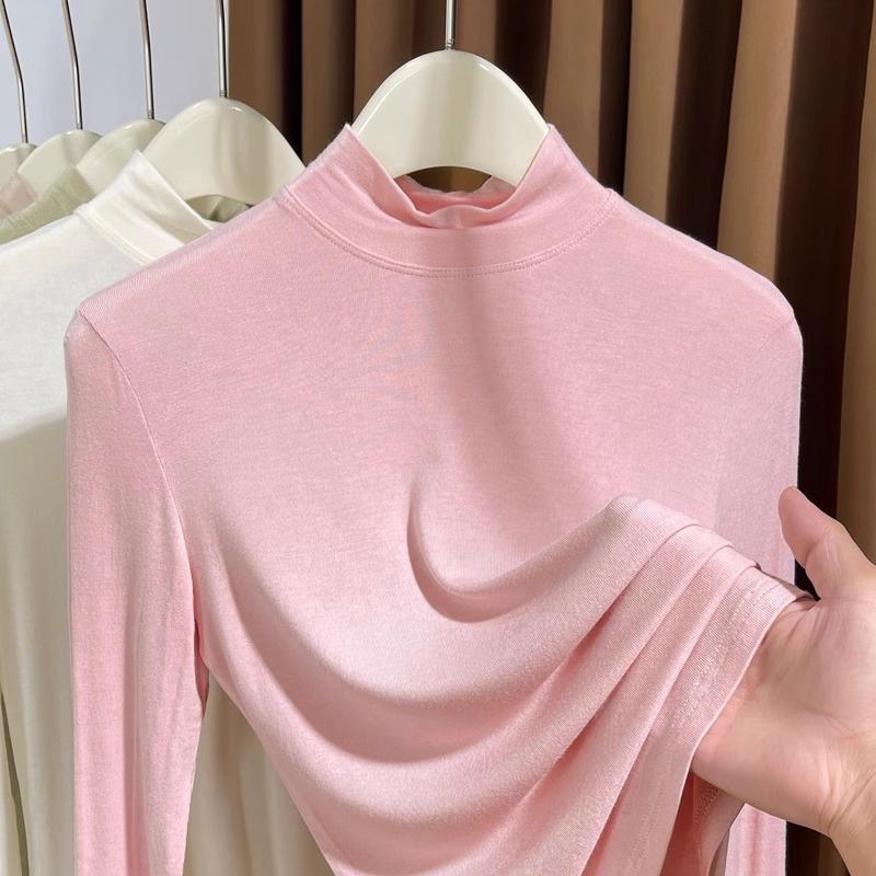 莫代尔白色半高领针织T恤