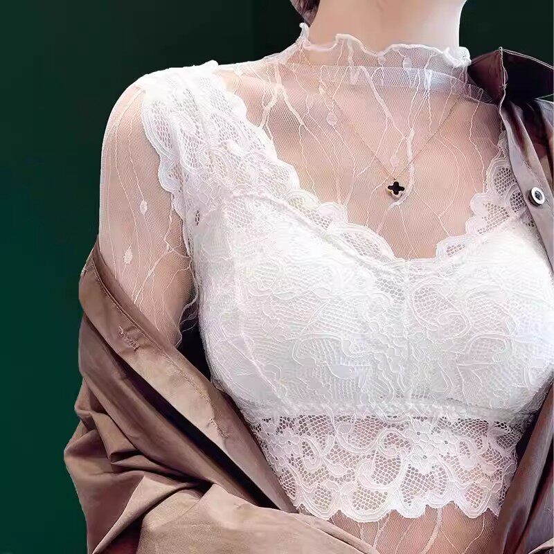 通勤风半高领蕾丝打底衫女长袖透视网纱防晒罩衫性感修身套头上衣