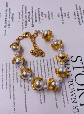 中古vintage西洋复古宫廷 琉璃珍珠素金包裹重工电镀真金项链套装