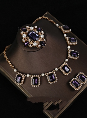 中古vintage轻奢紫色琉璃镶嵌方形拼接珍珠围绕耳钉项链胸针套装