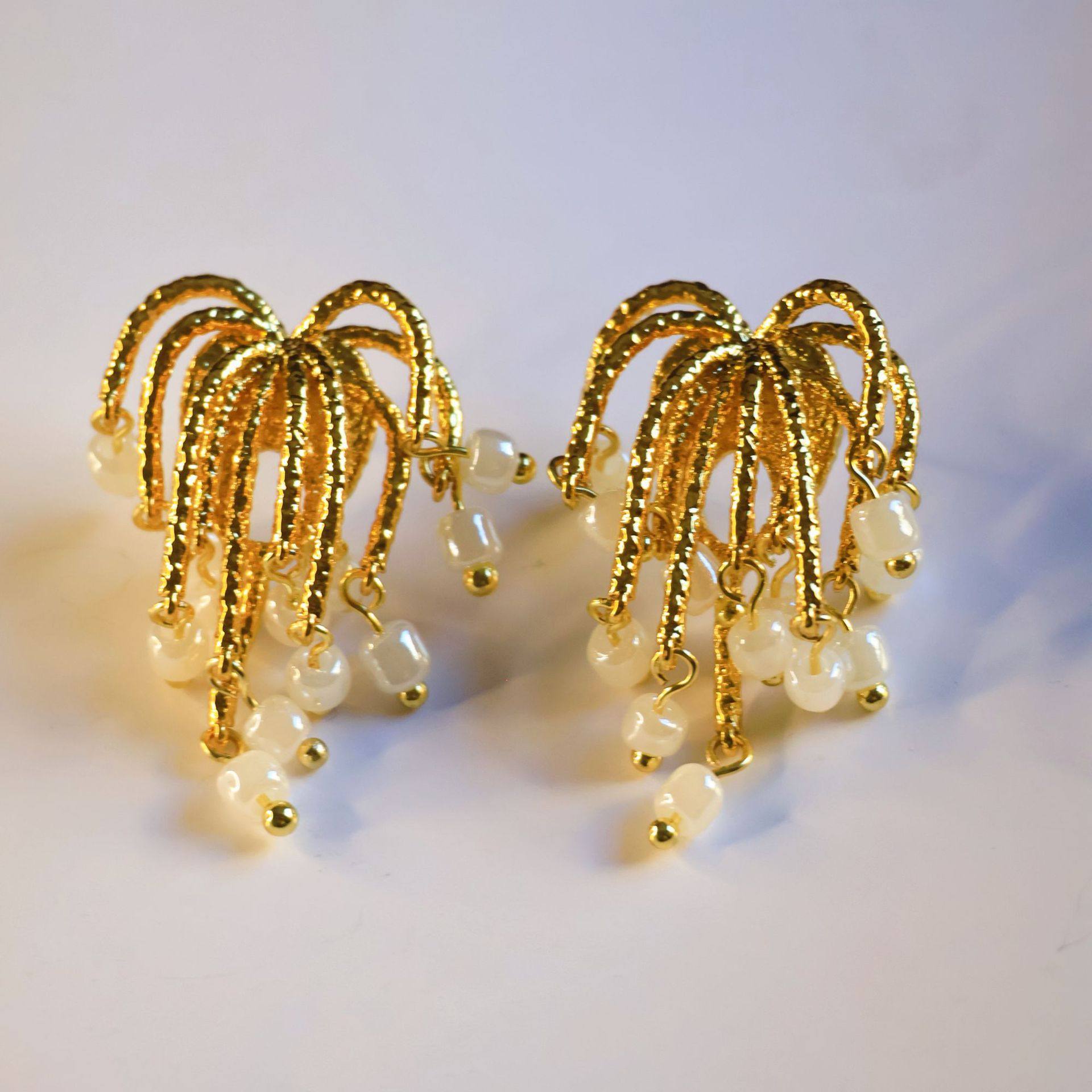 法式复古火化元素黄铜戒指 电镀真金仿珍珠流苏耳钉 中古轻奢套装