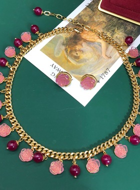 复古时尚女款潮饰品镀真金玫瑰花吊坠设计项链耳环套装毛衣链欧美