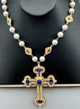 中古Vintage西洋复古重工满钻镶嵌小众设计感十字架珍珠项链