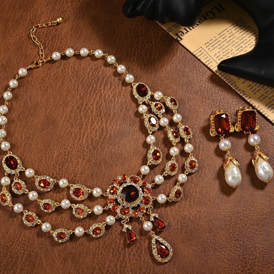 复古宫廷风莱茵石巴洛克耳钉镶钻珍珠水滴项链复古小众设计套装