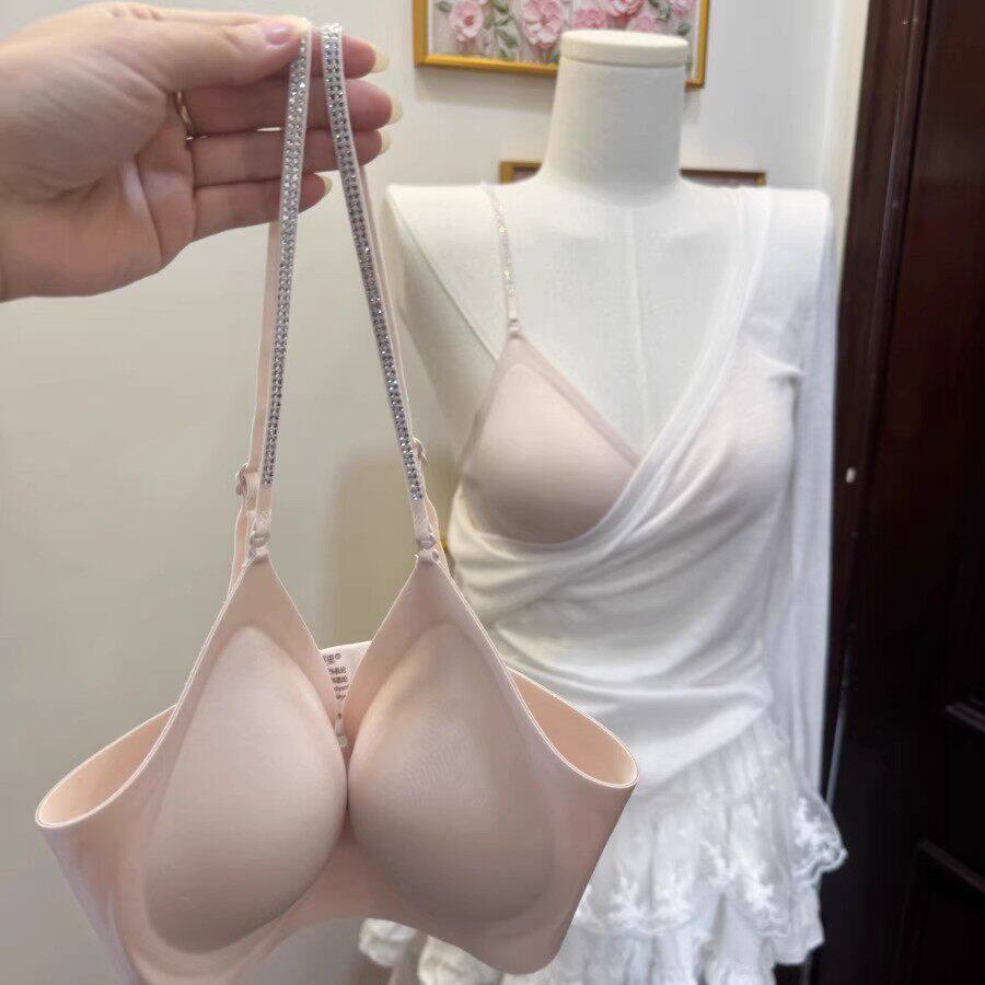 闪钻细肩带美背内衣无痕无钢圈小胸聚拢显大露背文胸交叉挂脖胸罩