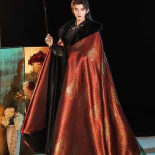 原创汉服斗篷毛领男女同款织金大摆围加绒加厚长披风大氅日常保暖