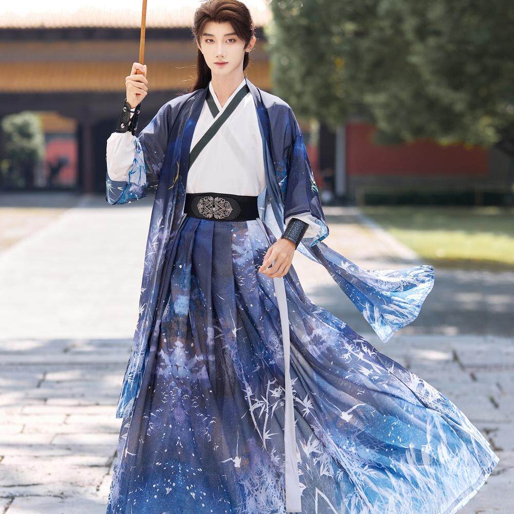 倾依·辰星原创汉服男女同款情侣齐腰日常武侠帅气交领长半袖套装 - 实物图
