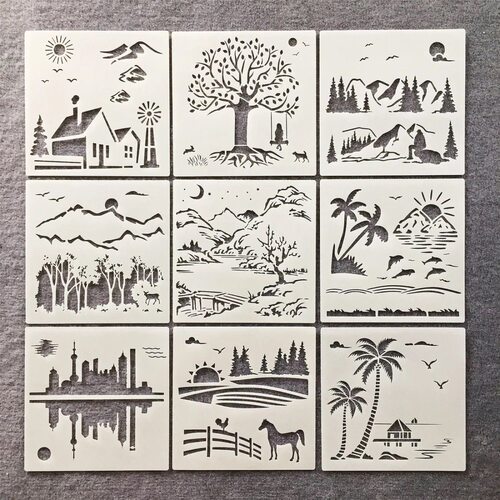 新款镂空绘画模板 亚马逊风景城市乡村森林农场海滩元素手工模板