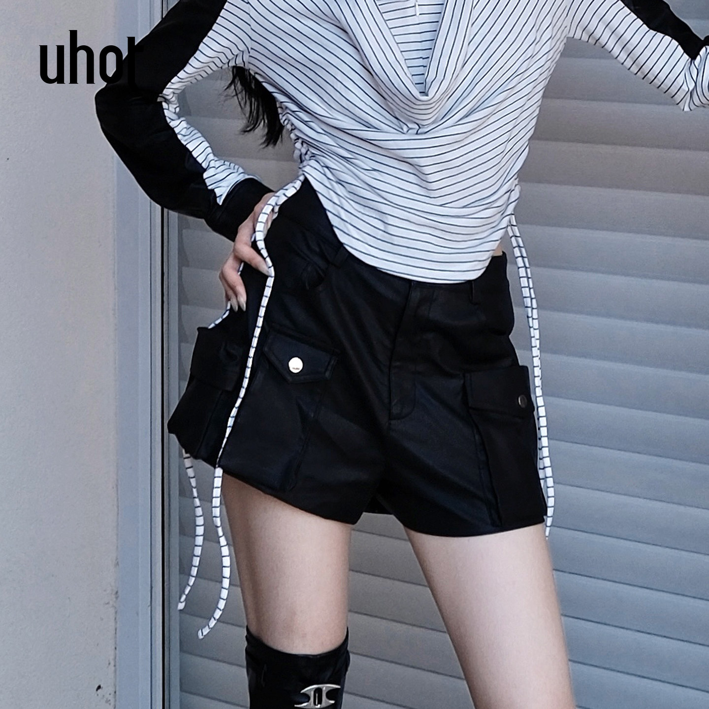 uhot/诱货黑/咖中性风皮裤工装短裤多口袋显腿长25新款UWWA2D663M,女装/女士精品,休闲裤,淘宝优惠券,粉丝福利购,淘宝优惠卷