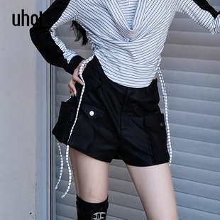 诱货黑 多口袋显腿长25新款 咖中性风皮裤 短裤 UWWA2D663M 工装 uhot