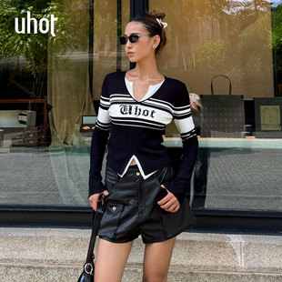 上衣新款 假两件条纹长袖 UWWW1Z676M 诱货黑白字母提花针织衫 uhot
