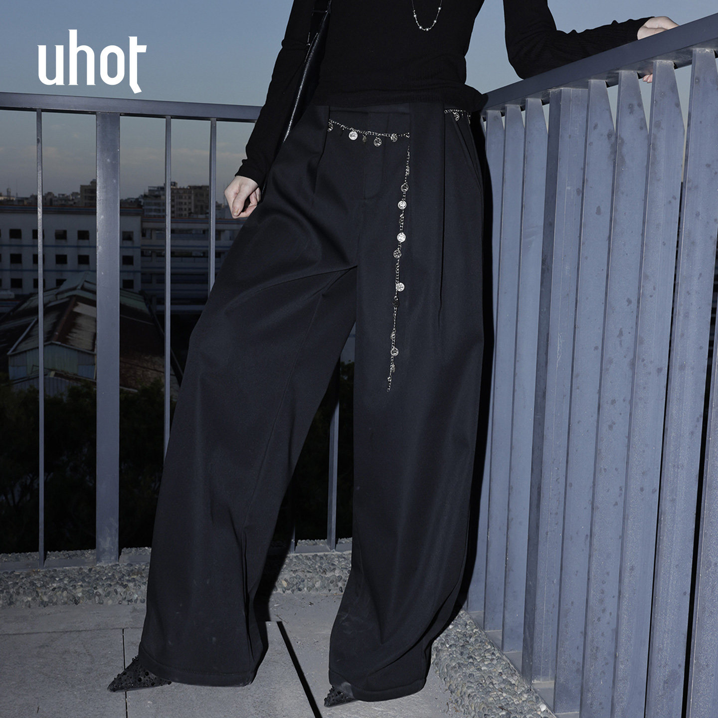 uhot/诱货深灰中性风阔腿裤休闲女装立体双褶 配：腰链UWWW3K797M,女装/女士精品,休闲裤,淘宝优惠券,粉丝福利购,淘宝优惠卷