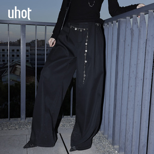 uhot/诱货深灰中性风阔腿裤休闲女装立体双褶 配：腰链UWWW3K797M