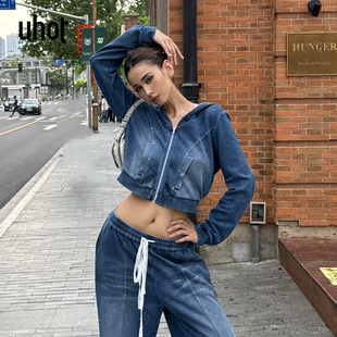 UWWA1W633M 饰复古新款 uhot 诱货洗水蓝牛仔布烫钻外套蕾丝吊带装