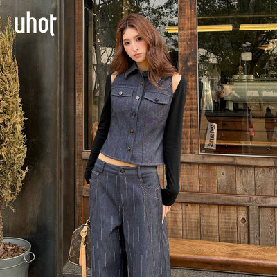 诱货春款牛仔蓝拼接收腰镂空衬衫