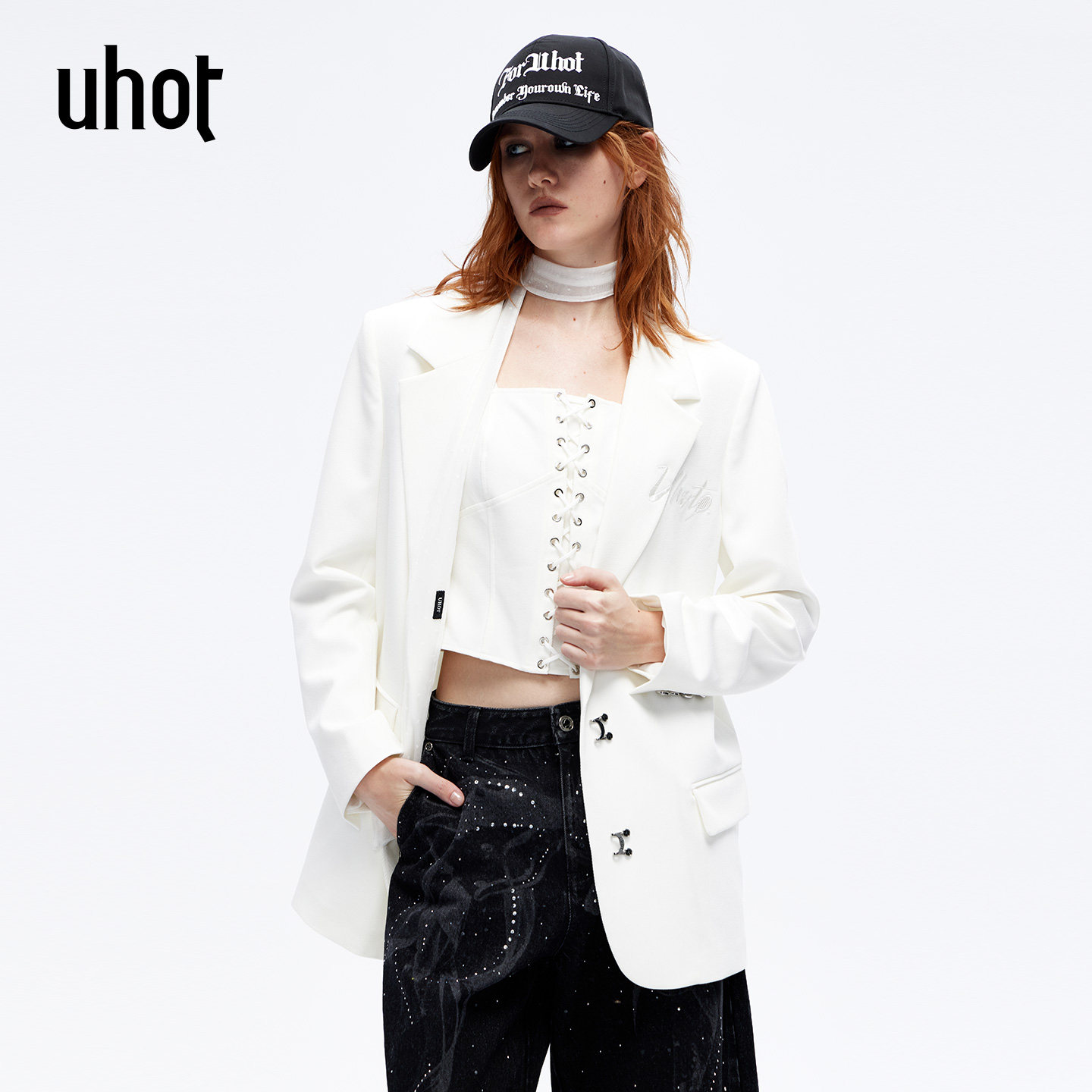 uhot/诱货26春白色粗斜纹绣花西装外套女职场不费力穿搭UWLS1W363